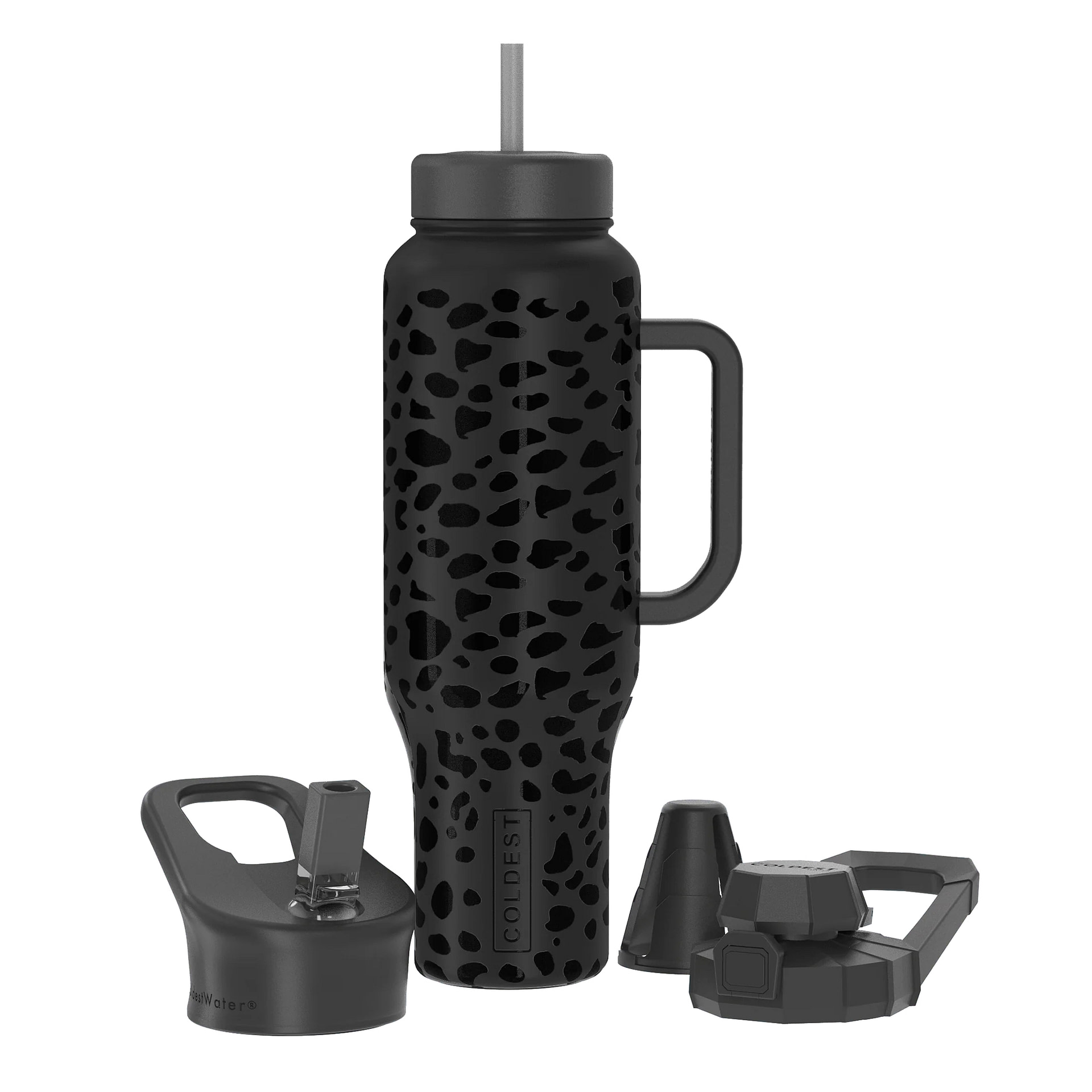 Coldest Limitless Bottle - Water Bottle with Handle and 3 Lids Black Leopard / 46oz